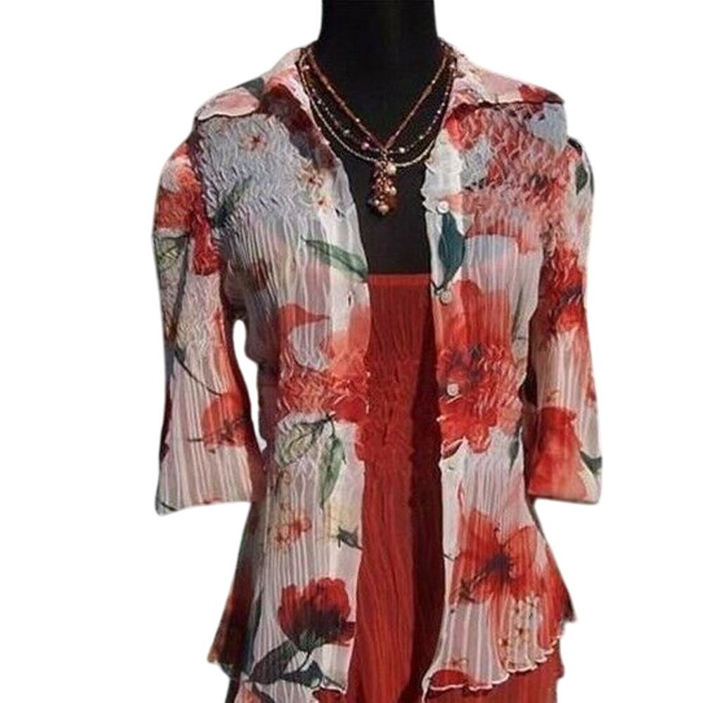 Cache Peek A Boo Sheer Crinkle Tropical Outer Solid Top Lace Up Back $168 NWT